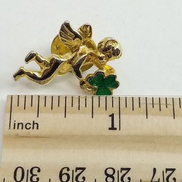 Vintage Little Guardian Angel Pin with Green Shamrock Clover, Good Luck, Estate - Picture 4 of 5